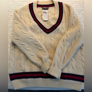 Brandy Melville Cream Cable Knit V-Neck Sweater with Navy & Red Stripes